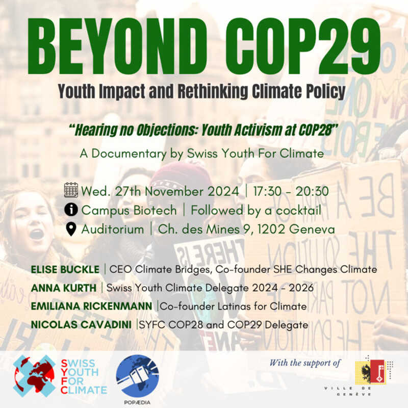 Rejoignez les activistes et experts climatiques Anna Kurth, Nicolas Cavadini, Elise Buckle et Emiliana Rickenmann pour une soirée projection et débat le 27 nov. 2024 à 17h30 au Campus Biotech, Genève.