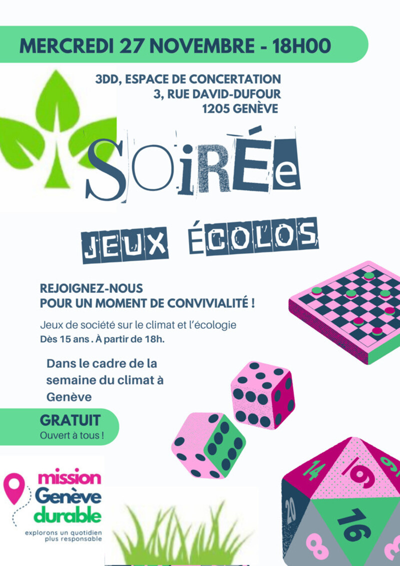 Venez découvrir la transition et la protection de l'environnement en vous amusant!  Soirée jeux écolos à la Jonction, à l'espace 3DD le mercredi 27 novembre, de 18h00 à 21h30