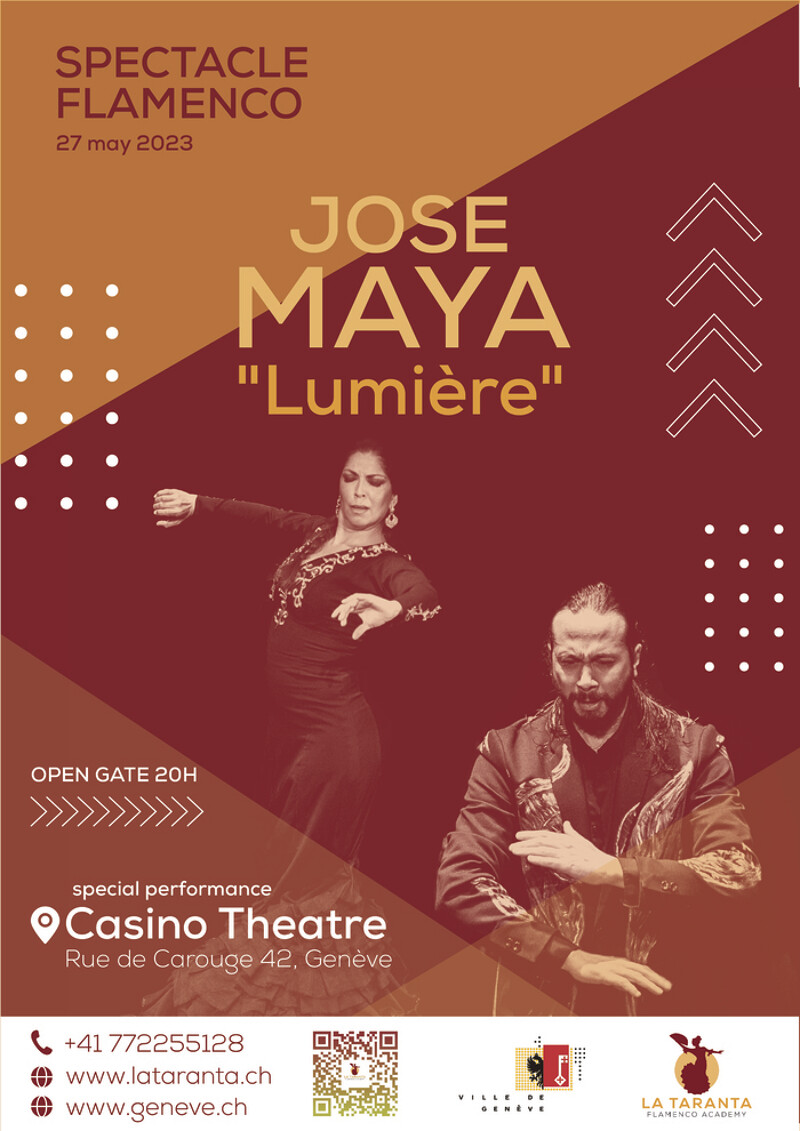 Le 27 mai 2023 au CASINO THÉÂTRE à 20h00 la Taranta et le danseur de flamenco José Maya présenteront Lumière, un spectacle où l’artiste invite le spectateur à participer à une expérience unique .